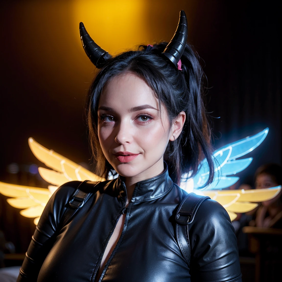 “Mumta, with iridescent wings that shimmer like stardust, prowls the neon-lit stages of distant planets. Her voice, a haunting blend of melancholy and rebellion, echoes through asteroid-filled arenas. Dressed in tattered leather and adorned with cosmic tattoos, she belts out lyrics that speak of love lost across galaxies. Fangs peek out from her crimson lips as she croons, captivating both mortals and extraterrestrials alike.” 🌟🎤🌌