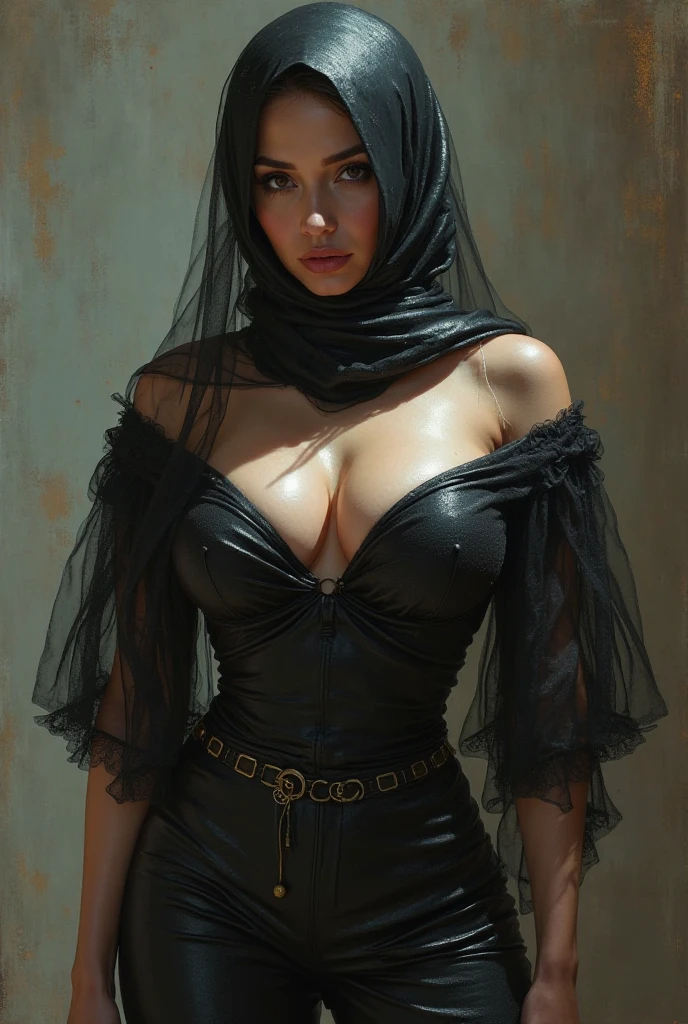 Beautiful Baby Face , 18 Years Old Woman , Wearing Black Hijab Muslim Dress , Black Retina , Large Colossal nude Breast , ((Sleeveless)) , Lace , ((Embroidery Cloak)) , Glow Makeup , ((Muscles:1.3)) , Whiten Skin , Sexy Look , Dramatic Photography , Dark Coloured , 8K , High-Res , River Outdoor , ((Foggy:1.3)) , Black Gloves