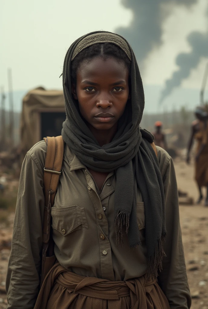 An Africa young girl wearing torn clothe and feeling poor, she is welding making big a skeleton sculpture out of old scrap metal with part of machine motor with original very old color material. a natural with old house background. 16k higher resolution, realistic, UHD