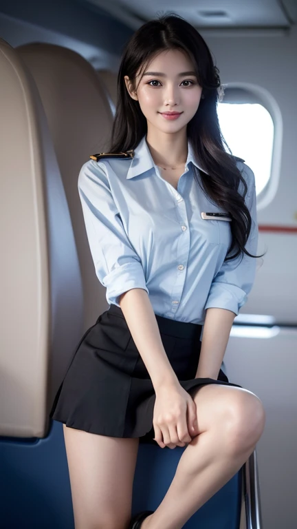 4k, high quality, beautiful lighting, soft lighting, realistic, short black natural hair, red eyes, sexy, big breasts, thick thighs, wide hips, girl in blue and white flight attendant uniform , toned muscles, blue and white flight attendant uniform, ornate decoration, jewelry, natural flowing, hair accessories, (on airplane drill), (Show a beautiful smile without opening your mouth), (Open your legs and show me your crotch, see your panties)