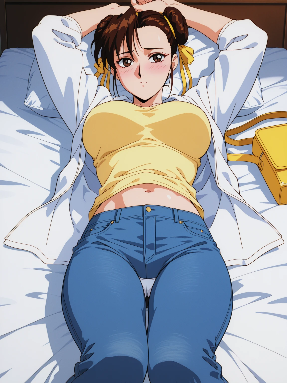 masterpiece, highest quality, High resolution, 1girl, solo, sexual intercourse, Pornographic image, short hair, etsukoto, brown eyes, fine grain, fine grain, (((Thick thighs, Plump thighs, Voluptuous thighs, Thighs are enough))), huge and ample breasts, Cleavage, Huge long breasts, Naughty big,((huge breasts are important))、((Naughty thighs)), L Cup, (thin:1.4),(Tight waist:1.4),  (yellow dress:1.4), ((white waist apron)), white panties, wide eyed, open mouth, Surprised expression, blush, head tilt, look away, (((Simple Background))), ((Wide Hips)), Shiny, Oily skin, Mature mother, Calf, Seductive mature woman, Perfect body, Plus Size Model, etsukoto, clavicle, retro artstyle, 1990s (style), lying, from side, ((nsfw)),