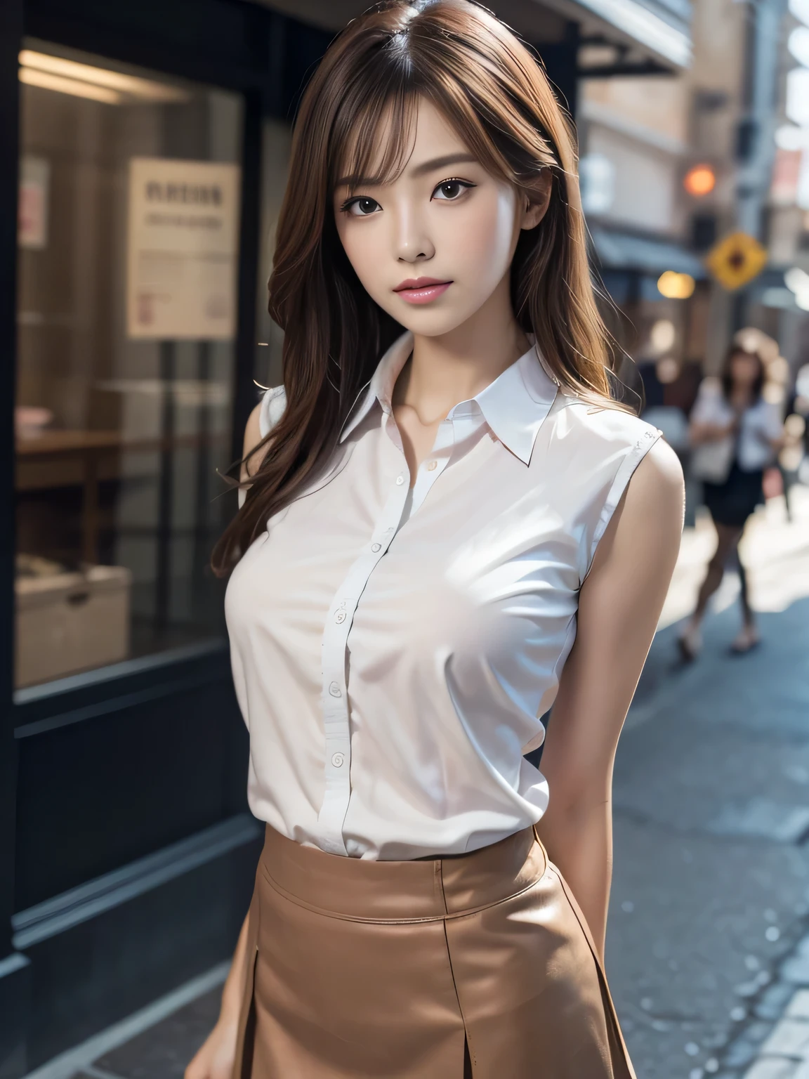 Ultra-clear resolution，Young girl，Shoulder-length hair，Light hair color，Earrings，Clear eyes，No makeup，Lip Gloss，Delicate face，Perfect face，Fair skin，Perfect breasts，Long and slender legs，Pantyhose，Grey Professional Office Mini Skirt，shoe，Empty streets