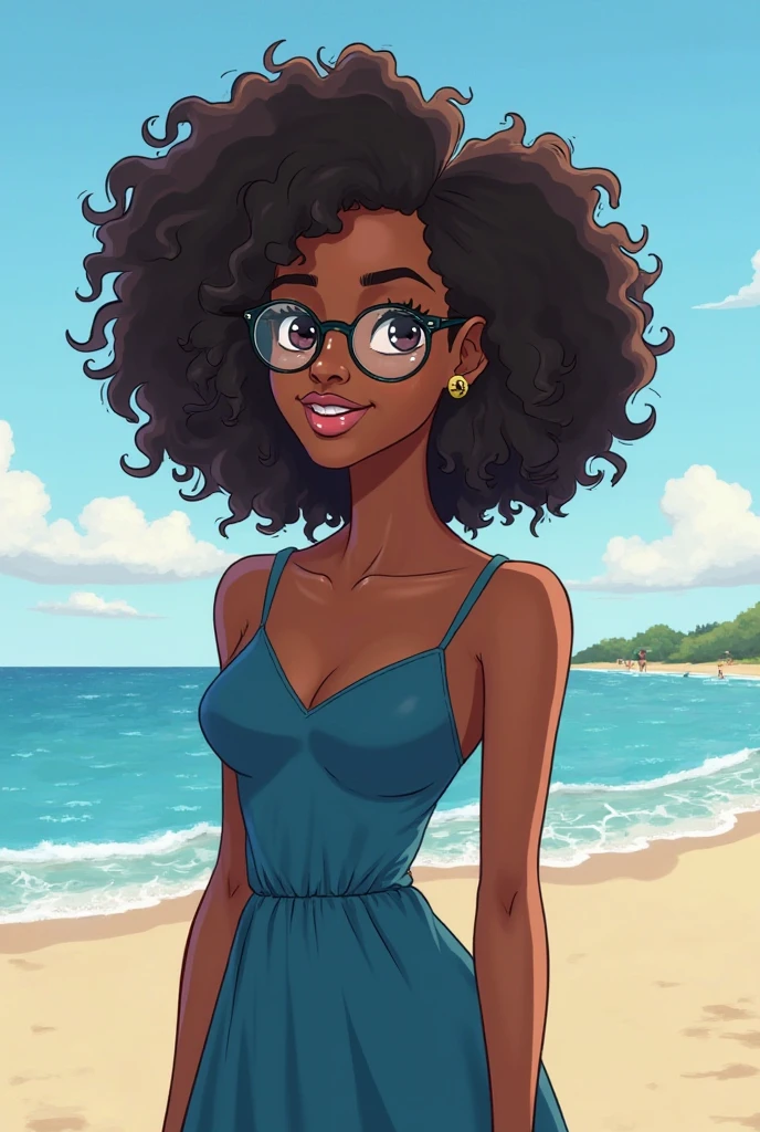 a naked girl, curly hair, slightly olive skin, with sun marks in the shape of a bikini