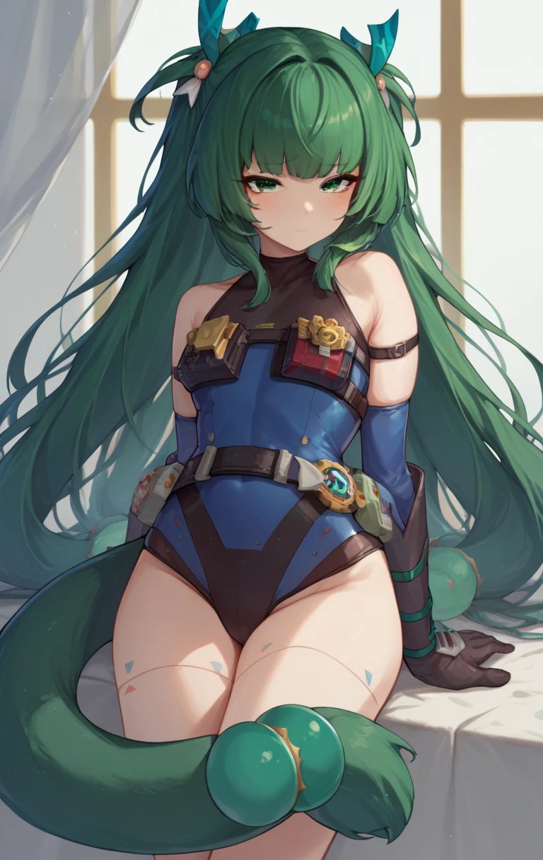 a closeup, 1girl in, Sailor Neptune, aqua eyes, Dark green hair, Medium Hair, (Body tights, Black latex long gloves and boots, Aqua-colored lines on the body, Heart Nipple Less, The navel is visible, Tattoo of the lower abdomen:1.1), Eyes without light, grin, Black ornament on forehead, Bat feather hair ornament, Spread your legs apart, Mechanical chair,Sit on a pipe that glows pink , top-quality, masterpiece, hight resolution, intricate detailes, ((realisitic)), black latex gloves, medium breasts, chastity belt, natta