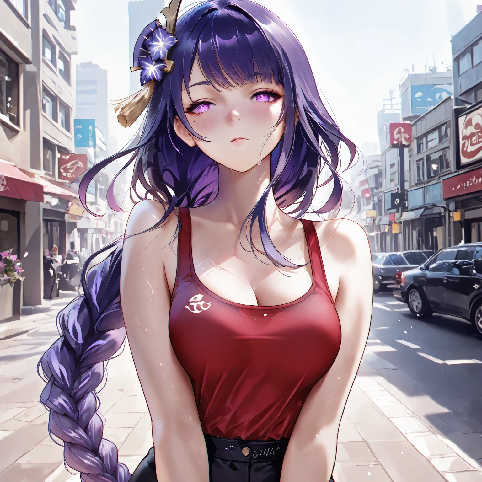 (best quality,4k,8k,highres,masterpiece:1.2),ultra-detailed,(realistic,photorealistic,photo-realistic:1.37),Portrait,Colorful,Studio Light,Purple hair girl,braided,purple eyes,big breast,casual street style outfit,modelling,beautiful detailed eyes,beautiful detailed lips,extremely detailed eyes and face,longeyelashes,street art background,candid pose,confident expression,vivid colors,soft lighting.