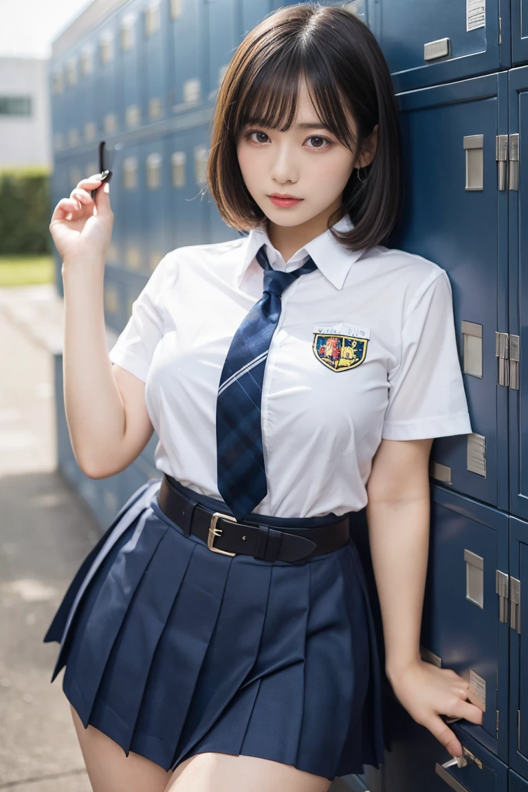 (8k, RAW Photos, highest quality, masterpiece:1.2), (Realistic, photo-Realistic:1.4), (Highly detailed 8k wallpaper), Sharp focus, Depth of written boundary, Boscinematic Lighting, Soft Light, Beautiful eyes in every detail,shiny smooth light brown Long Bob Hair, Asymmetrical bangs, Shiny skin, Highly detailed skin ,High resolution, Attention to detail, Detailed hairstyle, Detailed beautiful face, hyper Realistic, Perfect limbs, Perfect Anatomy ,1 Japanese girl,Famous Japanese Idols, Perfect female body, Large Breasts,smile,short eyelashes,double eyelid,Long Bob Hair, (school uniform:1.3),(Mini Skirt Navy Mini Skirt), View your viewers, (Crowded street:1.3),Cowboy Shot、See who&#39;s filming