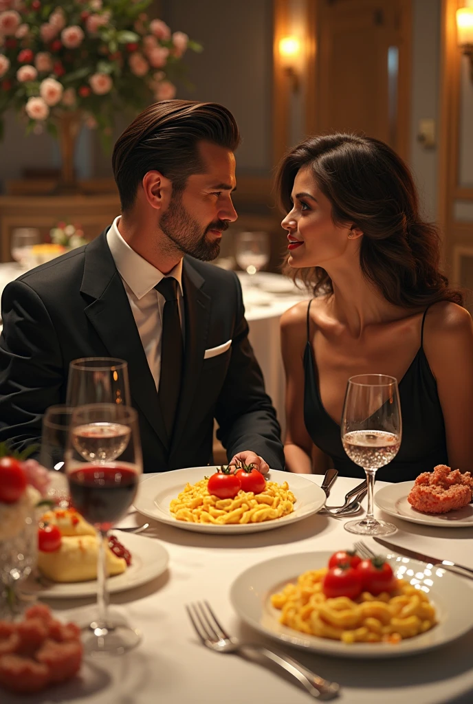 A well-dressed woman lies on a table with food around her, a man sits at the table and holds a fork in his hand