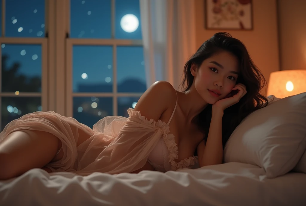 8k, highest quality, masterpiece, Realistic, Photorealistic, Ultra-detailed, Natural light, , Create an image of an alone confident 2 Filipina woman with an hourglass body shape, slightly curvy, standing at 5'4". She has fair skin, long and thick hair, and a small heart-shaped face with subtle cheekbones and a rounded chin. Her nose is delicate, pointy, and . She is lying in bed inside a beautifully decorated, well-lit room. The room is warmly illuminated by soft ambient lights, complemented by the gentle moonlight streaming through large windows. She is wearing revealing and skimpy lingerie covered by a flowing transparent sleeping gown. The camera is positioned directly in front of her, capturing her serene expression as she is about to say good night. Her hands rest comfortably at her sides or gently touch her face, reflecting her peaceful mood as she prepares to sleep. Outside, the night sky is dotted with stars, adding a tranquil and calming ambiance to the scene.