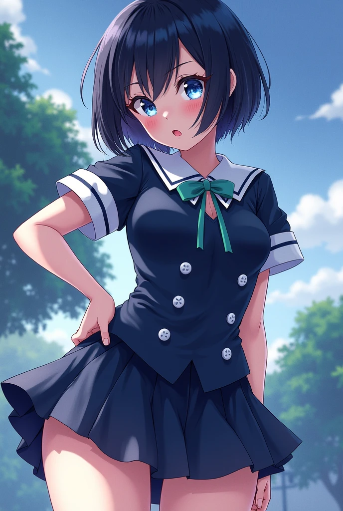 masterpiece, best quality, 1 girl, alone, jewelry, necklace, black skirt, black hair, short hair, ribbed sweater, socks, turtleneck sweater, white socks, blue eyes, long sleeves, pleated skirt, bow, headband , headband, hair bun, bangs, big breasts, white sweater, sarashina ruka, big round breasts, wide thighs, medium hips, outside, 17 years old, blush, cowboy photo, from below, 1 girl, panties, embarrassed
