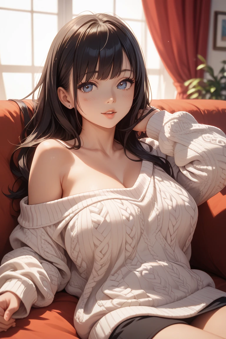 Woman relaxing in room,Ultra-high resolution, Accurate, Super detailed, Textured skin, High detail, highest quality, 8k,Thin bangs, Detailed Hair,Focus on the face,Leaning on the sofa、Large knit sweater,
