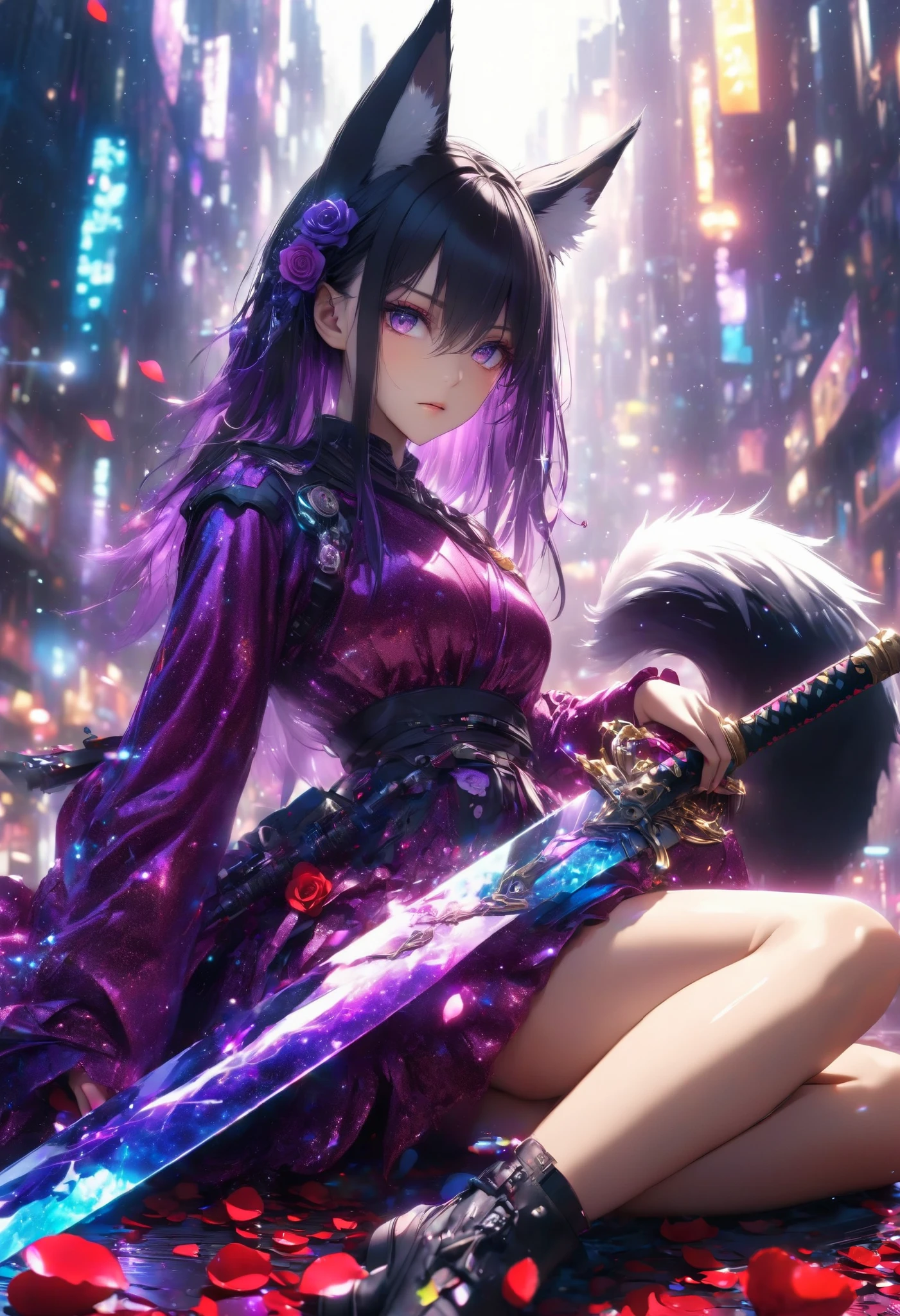 super realism、HYPERREALISTIC 1 GIRL. Cyberpunk
sharp purple eyes , multicolored eyes , hair between eyes , long side bangs , black hair with fine purple strands,, fox ears、Fox Tail Shiny Skin.
(Crimson Satin Fabric Dress、Fur Armed Parts)、(Sit on a Floor Scattered with Rose Petals)(A giant 1 Japanese sword decorated in a flashy way)glitter effect, lens flare, blur background、Late Night (Scenery of a Collapsed Western-style Building)