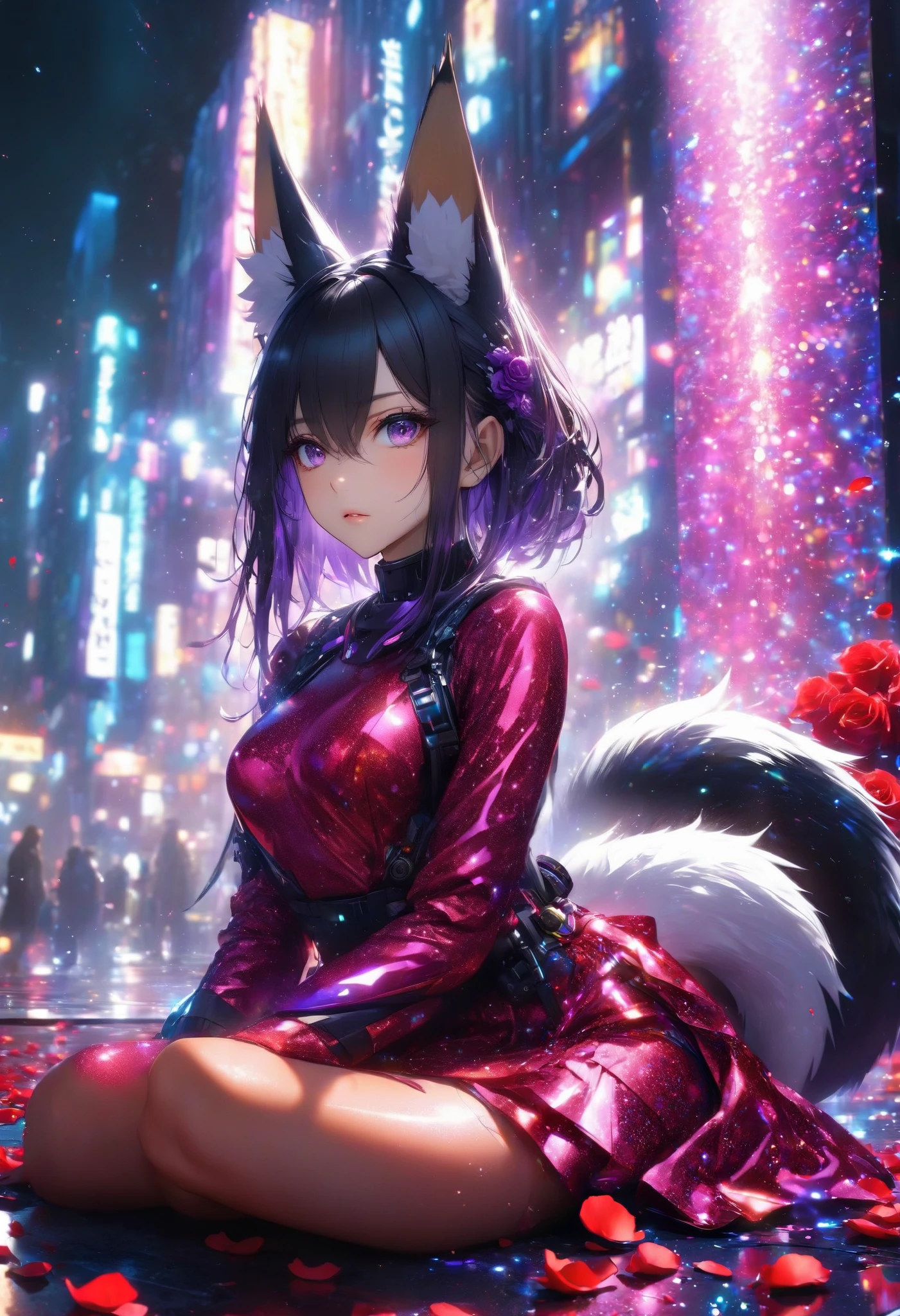 super realism、HYPERREALISTIC 1 GIRL. Cyberpunk
sharp purple eyes , multicolored eyes , hair between eyes , long side bangs , black hair with fine purple strands,, fox ears、Fox Tail Shiny Skin.
(Crimson Satin Fabric Dress、Fur Armed Parts)、(Sit on a Floor Scattered with Rose Petals)(A giant 1 Japanese sword decorated in a flashy way)glitter effect, lens flare, blur background、Late Night (Scenery of a Collapsed Western-style Building)