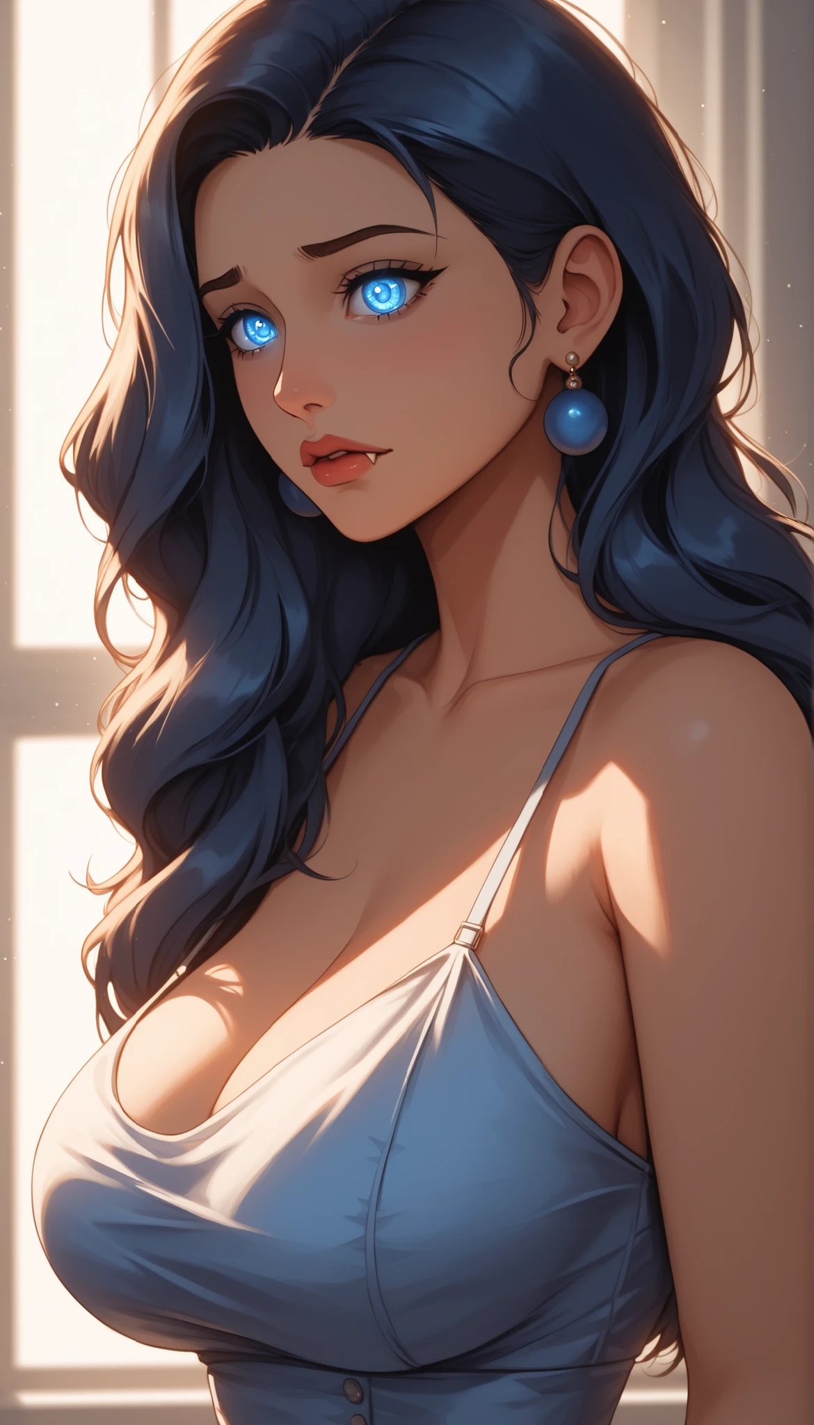 Watercolor, score_9, score_8_up, score_7_up, (Volumetric_lighting: 1.7), (masterpiece), (lora: detailed anime girlsXL), (lora: NoobAI-XL Detailer), (lora: smooth lighting enhancer) (lora: Detailed Background), (lora: NKxXmo's Shaded Face), (lora: SDXL high detailed. LoRA_SDXL_ARW_0010: 0.75), (lora: Waifu Eyes), BREAK inside, lecture hall,
1girl, Tall, sharp teeth, fangs, peach skin, curvy_body, long_messy_hair, long hair, light_blue_hair (pearlescent highlights), blue nails, pearlescent eyes, nervous (nervous expression) standing, blue_sundress, earrings, close_up_shot, large breasts, Mature looks, MILF, 8k, (masterpiece), realistic, high_quality, detail_focused,
Expressiveh