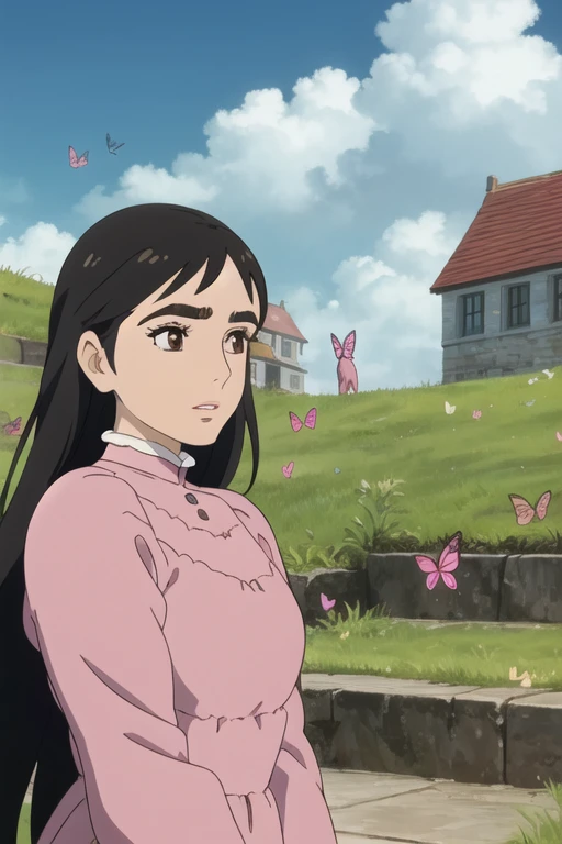 upper body, piel blanca,  profiled face , long and abundant black hair, thick eyebrows, with brown eyes,  with long eyelashes, full lips,  With pink dress, on stairs , Grass, cloudy, butterflies
