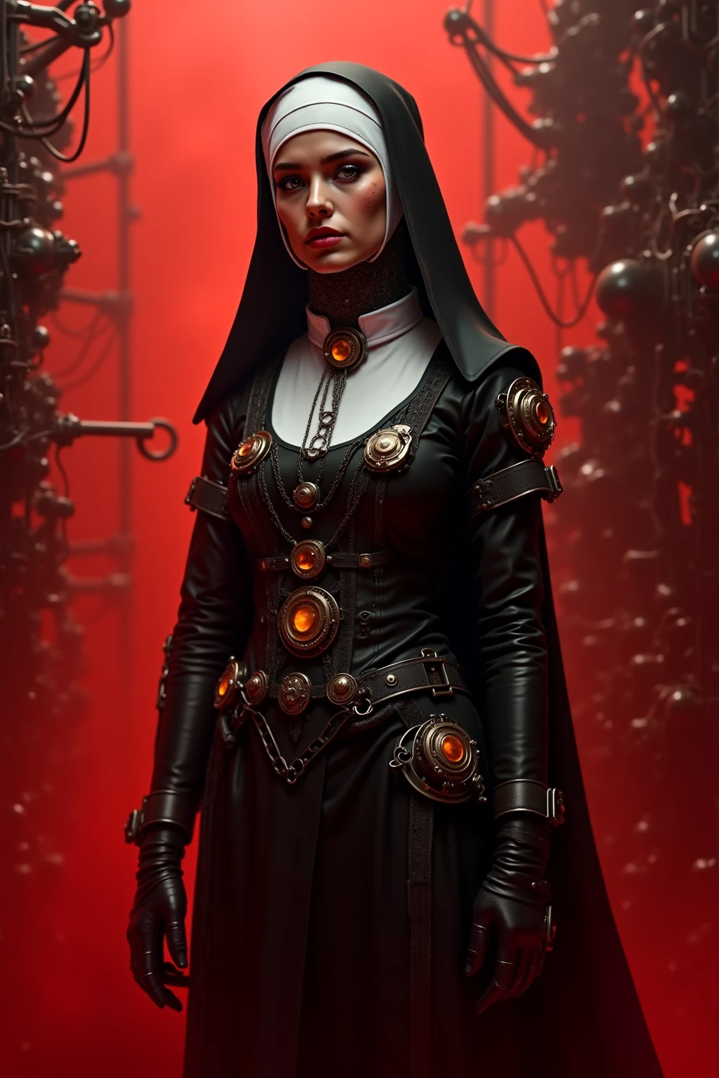 ral-opal, meahophontron, full body ligerie, Sexy cyberpunk woman face, devil nun, negro, looking to the camera, nun body clothing, Red eyes, primer plano looking to the camera, realist, Beautiful woman, cara sexy, black clothes, gray and red, big tits.