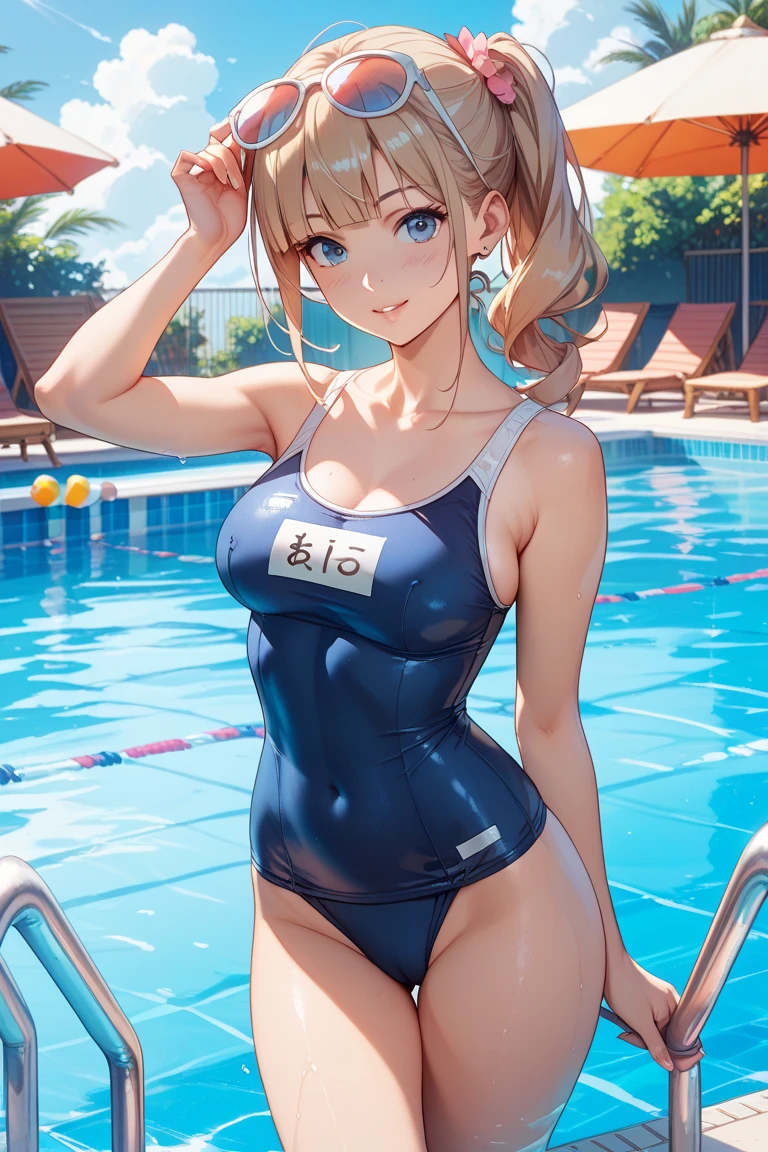 Highest quality,masterpiece,One person,Blonde,Twin tails,School Swimsuit,Large Breasts,smile,School swimming pool,
