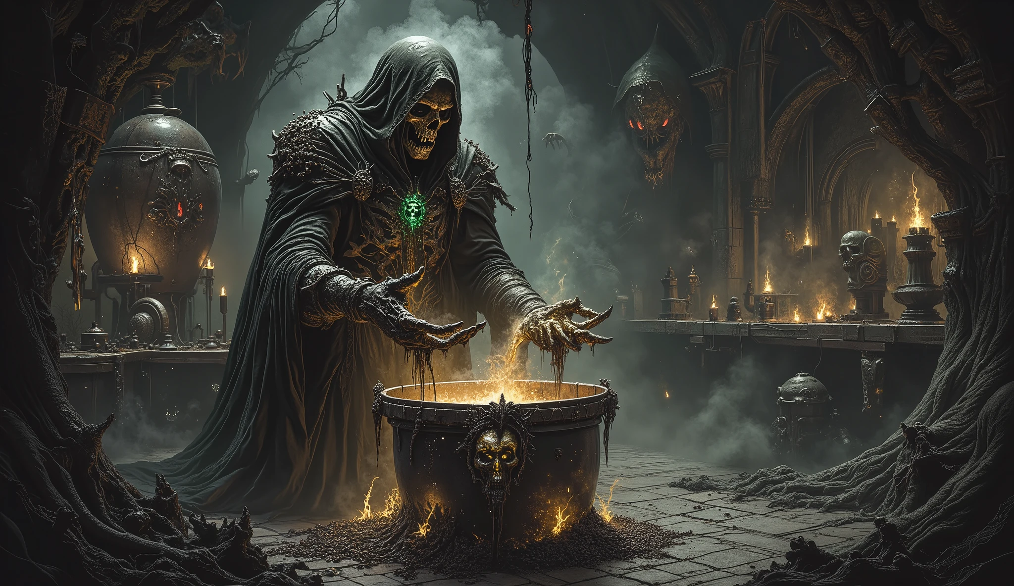 A chilling scene dripping with cosmic horror and dark fantasy, steeped in Lovecraftian dread. At the heart of this nightmare stands a malevolent dark mage, draped in a tattered, shadowy cloak that seems to writhe with a life of its own. His gaunt face is obscured beneath a deep hood, but glowing, eldritch symbols float where his eyes should be, casting an eerie green and black light. His skeletal hands extend outward—one clutching a handful of cursed coffee beans that pulse with an unholy, organic glow. As he crushes them, a thick, tar-like liquid oozes between his bony fingers, dripping into a massive, seething cauldron before him.
The cauldron itself looks alive, its surface inscribed with pulsating runes, and filled with a frothing, boiling liquid that emits choking fumes in the shape of screaming faces. Surrounding the mage is an infernal brewery—a grotesque amalgamation of ancient, rotting wooden barrels; metal fermenters scarred with claw marks; and glowing alchemical machinery powered by unnatural energies. Copper pipes, leaking steaming black beer, weave haphazardly across the room like the veins of a grotesque creature.
The floor is inundated with a swirling ocean of thick, black beer, pulsating as though possessed by a sinister force. Scattered throughout the scene are monstrous coffee plants, their gnarled roots clawing through the ground like tentacles, their oversized beans glowing with a baleful light. Some of the plants seem to move subtly, reaching toward the mage as though drawn to his dark power.
The atmosphere is suffused with overwhelming malevolence—the air thick with the burnt aroma of corrupted coffee and the sickly sweet stench of spoiled beer. The room itself appears to pulse, alive with the relentless energy of brewing equipment fused with forbidden rituals, as if the entire process of creation is a mockery of both science and magic. The void beyond the scene seems to close in, fraying reality at its edges, threatening to consume all.