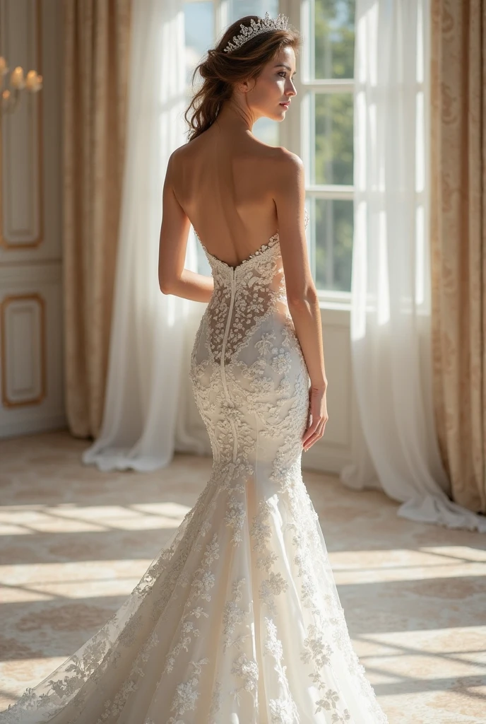a woman in a white wedding dress standing in white room, wedding dress, intricate gown, stunning elegant, dressed beautiful gown, dressed in white intricate lace, exquisite fine details, beautiful wedding dress, fantasy long intricate gown, elegant intricate, long luxurious intricate gown, white gown, exquisite details, beautiful gown, gown, beautiful detailed elegant, sexy gown