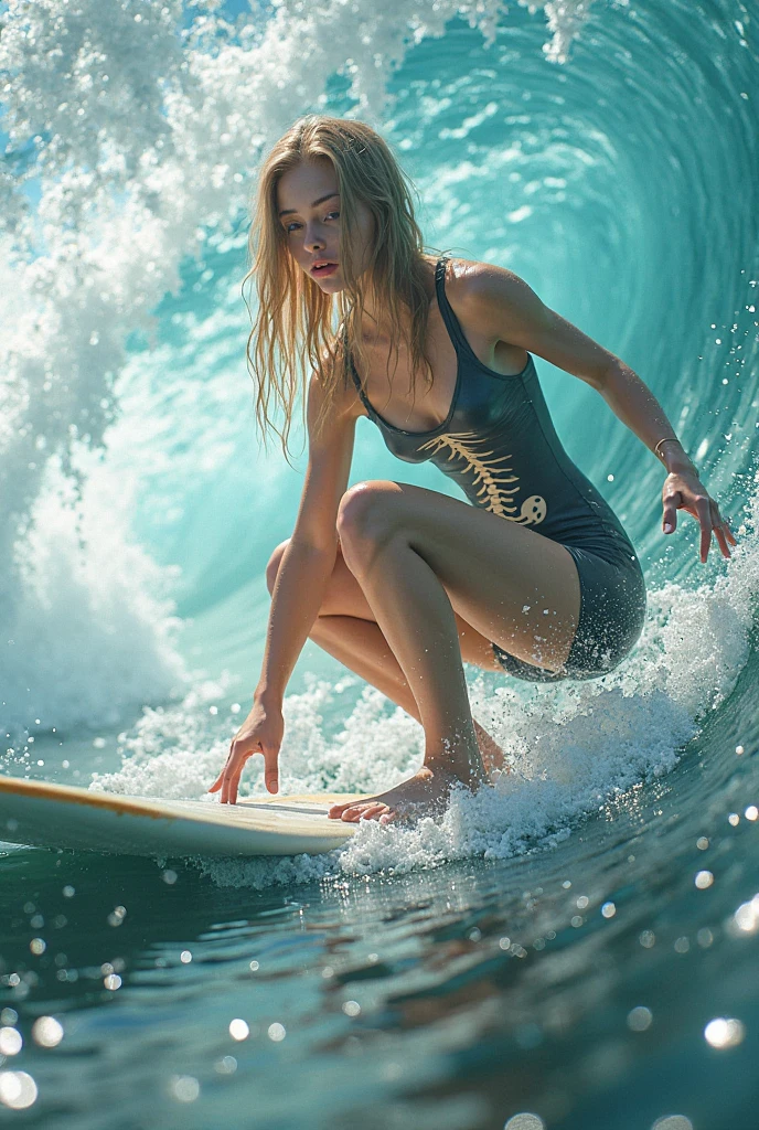 (((NSFW STILL SHOW, Acutance))), a tiny Surfer girl in white swimsuits, (((engaged in the act of surfing))), glistening tanline, under the mesmerizing back lighting. They gracefully ride the powerful waves, showcasing their Beautiful body and acrobatic skills. creating a breathtaking and ethereal atmosphere. Whole Body proportions and all limbs are anatomically accurate .