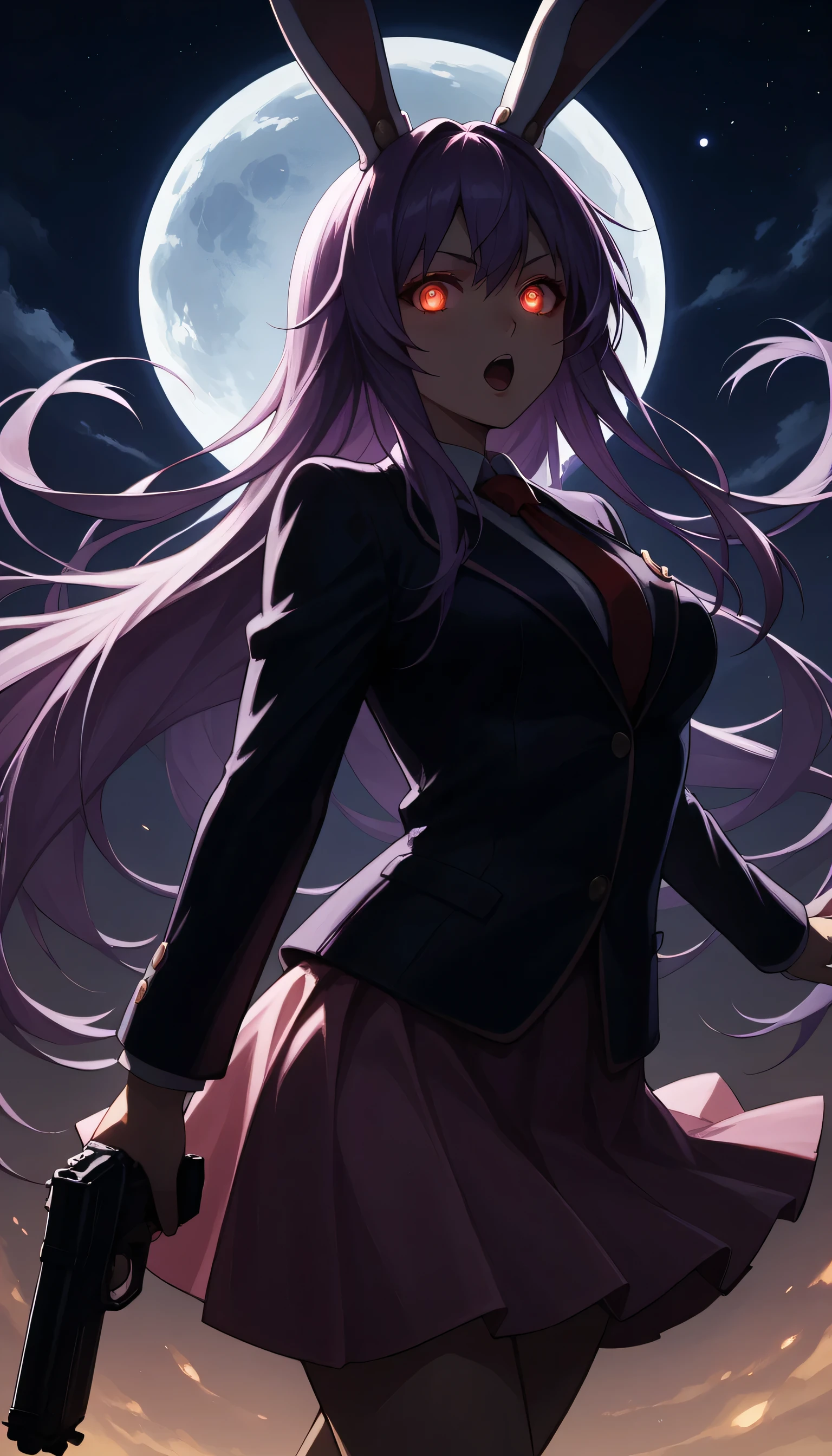 score_9, score_8_up, score_8, score_9, 1 girl, source_anime, reisen udongein inaba, purple hair, red eyes, rabbit ears, rabbit girl, long hair, blazer, open jacket, cowboy shot, red necktie, pink skirt, moon, night, glowing eyes,, weapon,, gun_to_head, gun, , solo, holding_weapon, , holding_gun, holding, , , handgun, open_mouth, Give your images flat even illumination (negative) or dramatic chiaroscuro lighting (positive).