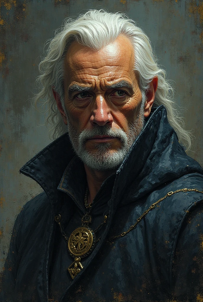 absurd details, intricate details, oil painting \(medium\), (realistic:1.3), necromancer, male focus, mature male, aged up, skull \(accessories\), blue_fire, stoic, looking at viewer