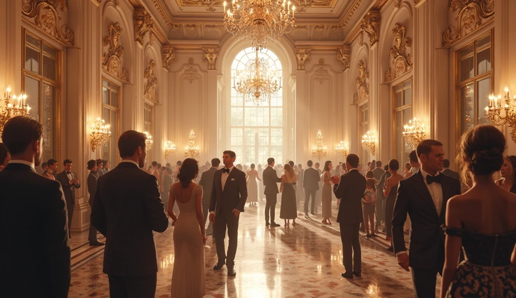 people dancing waltz in a large elegant hall, masterpiece, photorealistic, elegant, highly detailed, 8 k, soft lighting, mid-shot, highly detailed, cinematic wallpaper