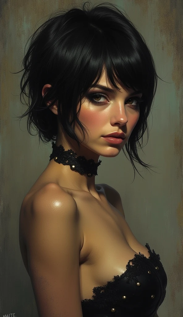 oil painting of touka from tokyo ghoul, short hair, looking up with her cleavage revealed 