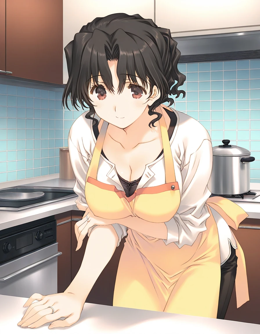 masterpiece, high quality, Best quality, A high resolution, 4K, A high resolution, beautiful lighting,Highly detailed face, Well-drawn hands, well drawn legs,well drawn legs,Well-drawn eyes,1 girl, pieces, black hair, short hair, Ahoge, x-shaped hair decoration, grey eyes, white swimsuit, holding a coffee mug in my hand, kitchen sink in the background, coffee kettle on stove,