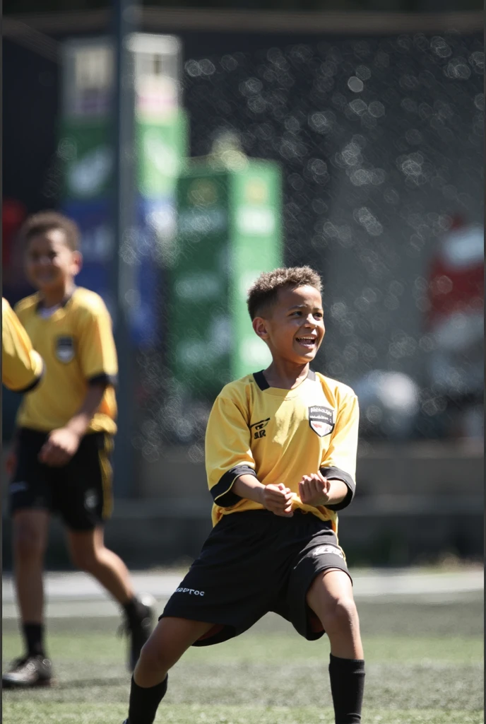 A 10-year-old boy, slender but cheerful and determined. He is black, bald, with bright black eyes. He's wearing a football team jersey with the number 10 and blue shorts. The boy is barefoot and runs across the grassless field with a soccer ball on his feet. In the background, it is possible to see a favela, which contrasts with the beautiful background of Rio de Janeiro. The goal with net can also be seen in the image, and the boy looks extremely detailed and realistic. The image is in 4k, minimalist and incredibly beautiful. Brazil, Corcovado in the distance,