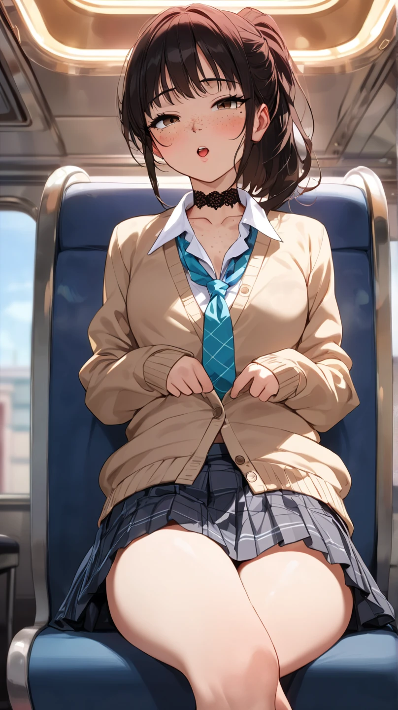 NSFW,4K,Gal:1.3,Anatomically correct,school uniform:1.3,A pure and innocent girl, Very cute face, Like an idol, (masterpiece:1.2), (high quality), panties, loose socks, Hip, Blue Skirt, alone, Blazer Type, loose socks, Lifting clothes, Brown eyes, pure gaze, mini skirt, Lift yourself up, Check skirt, blush,((Mid-chest)), (Sweating profusely), Long Hair, physical education, Beautiful legs, ((in the train))