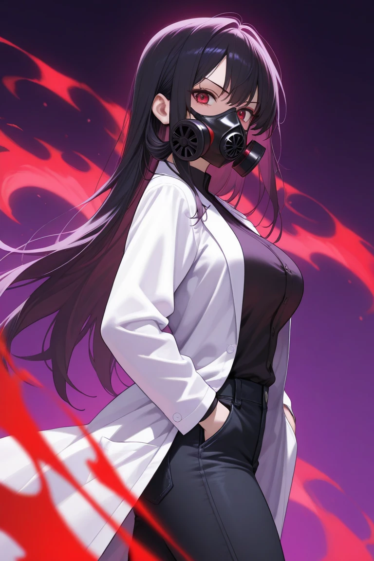 Tall Japanese woman, cut mouth, large breasts, very long black hair, Completely black eyes, dressed in a closed white overcoat, hands covered with bandages, holding crimson scissors, City alley background, red sky, blood dripping from scissors