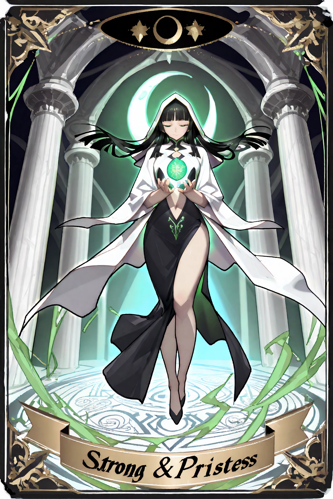 Female, wide smile, 6 arms total, short black silk dress (spider-web design), forest background