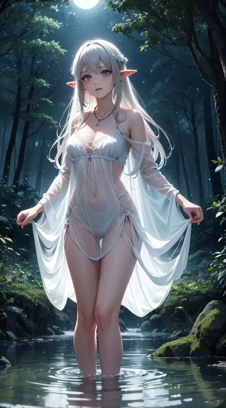 1 beautiful girl, standing in water, sheer clothing, white dress, beautiful face, beautiful eyes, night scene, forest, fireflies, full moon, pointed ears, necklace, beautiful scene, magical scene, fantasy, masterpiece, high quality, exposed breasts