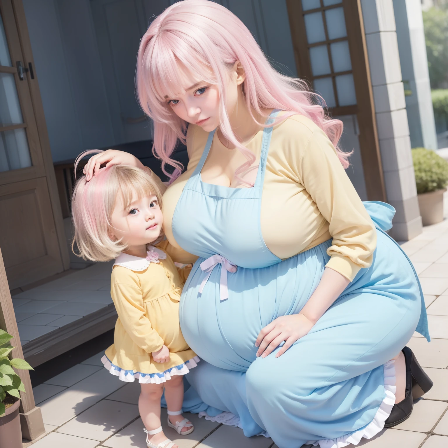 An extremely beautiful stunning mother with a perfect busty body, perfect pretty face, gold blonde long silky hair, big blue-green hazel eyes, extremely super bright snow white fair stunning flawless glowing lush shiny white skin, a perfect tight hourglass figure, and a skinny waist, extremely cute smile on the face, bright pink blushes on cheeks, wearing a long cute sky-white floral dress, and a yellow-tan cardigan, white flip-flop sandals, gold necklace on the neck, gold anklets on feet, standing straight, holding her little son's hand, garden in the background, show full body from head to feet