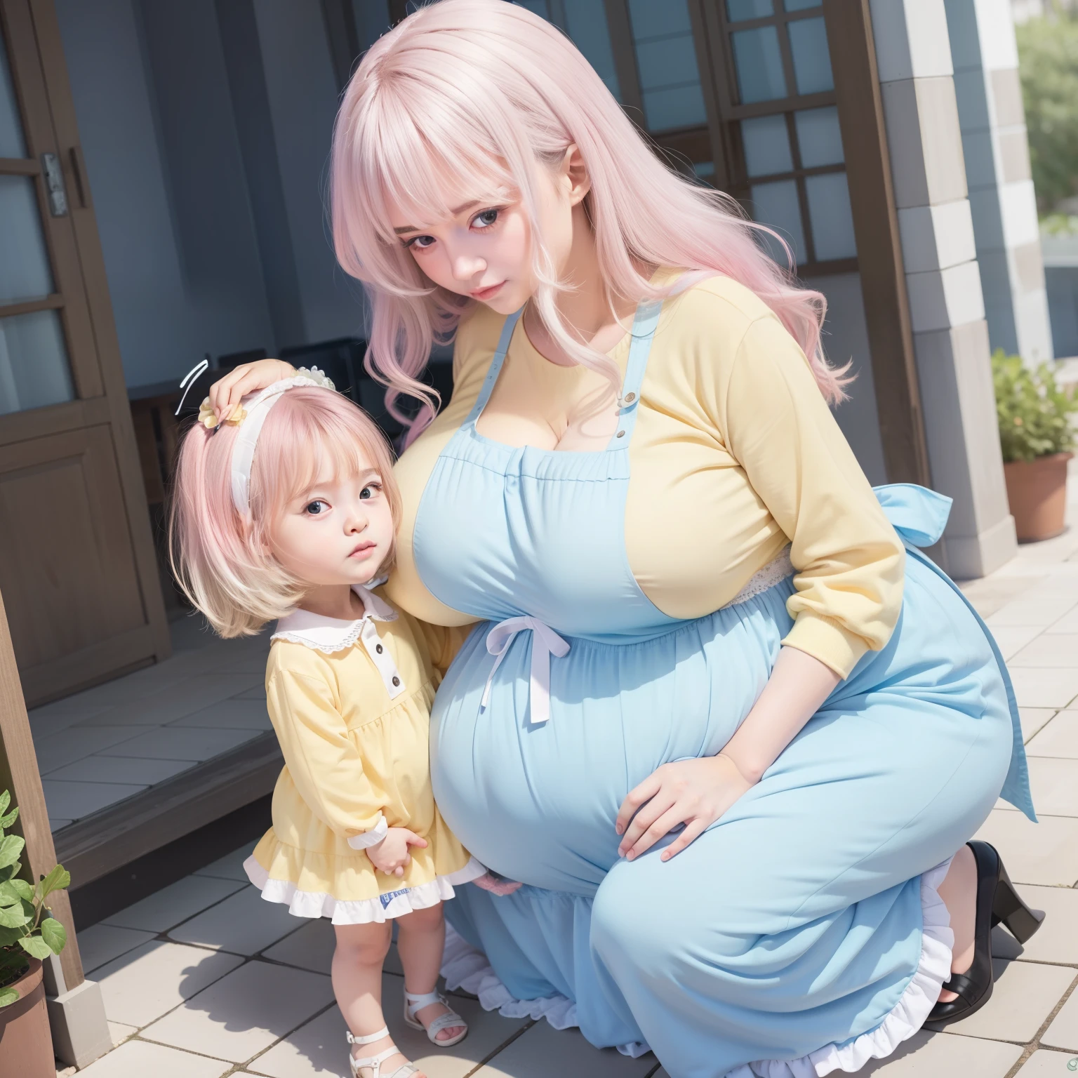 masterpiece, best quality, super detailed faces, super detailed, complex details, illustration, flat color, depth of field, outline, 2 girls, Akizuki's mom Airi, mom taller than daughter, daughter below mom, anime, (daughter next to mom:1.5), mom hugging daughter, nature, outside the house, standing, full-length, looking at the viewer, (blonde:1.6), (twintails:1.5), pleated miniskirt, blouse, bra-free, plunging neckline, black tights, detailed skin texture, detailed fabric texture, beautiful detailed face, very large breasts, (blue eyes: 1.5), (pregnant mother: 1), mother and daughter, daughter 12 years old, mother 25 years old, (early pregnancy: 1.1), kind, (mom is proud of her daughter: 1), (excellent relationship: 1.1), (love: 1), (blush: 1.2), unexpected pregnancy of a daughter, daughter is sad, mom is confident, mom smiles, mom comforts daughter, Mom older than her daughter,, sexy, seductive look, ready for a hot night, ready for anything