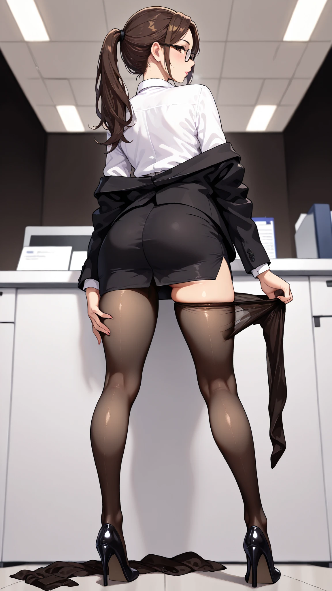 masterpiece, best quality, BREAK, 1girl, solo, pantyhose, (hands on own ass), (grabbing own ass), from behind, back,,, ass stretch, ass spread,