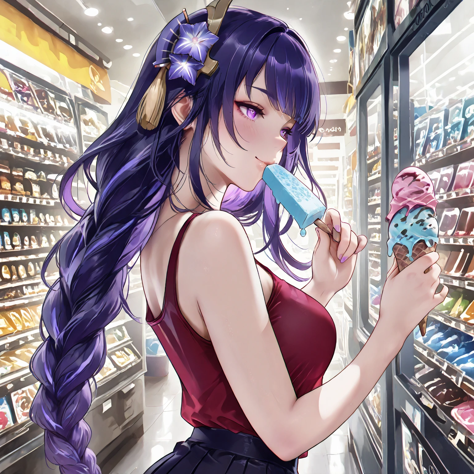 Highest quality、super high quality、16K, Delicious breasts、Nipples、Facial expressions are random、The place is a convenience store、 Her hair color is purple、The pose is random、The distance is random、Angles are random、Small face、Very delicate facial expressions、Delicate eye depiction、Highly detailed hair、Erotic、18-year-old female、Glowing Skin、Soft Skin、The only sexy Japanese woman、The clothes are random convenience store clerks、Upper Body、焦点はUpper Body、2 women