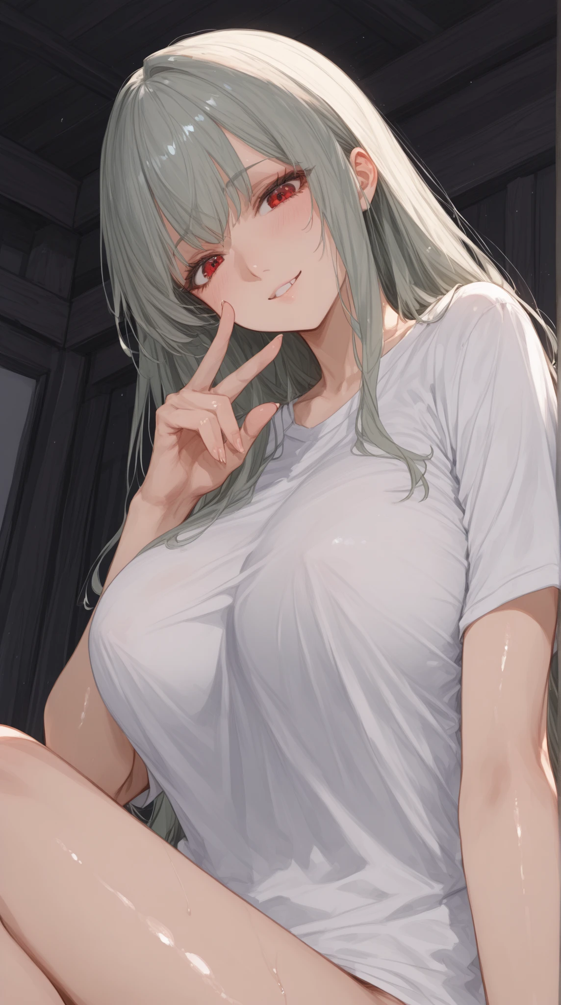 (((masterpiece))) Sae Niijima Possessed by Perverted man, fit body, in a creepy darkroom, messy room, sitting on a messy dirty cum bed, Ahegao, tongue out, being a Neet, messy hair, unkept hygiene, Missionary position s*x, pov, , glowing yellow eyes, sweating, fully naked