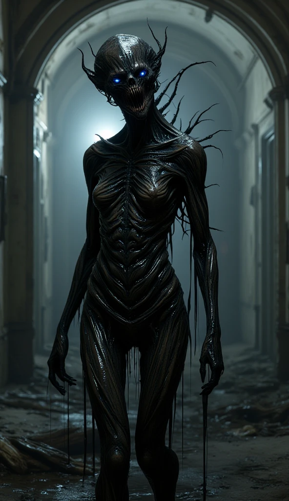 bs, solo, simple background, monochrome, upper body, greyscale, bodysuit, black background, 1other, monster, arms at sides, horror (theme), a girl, her jaw is broken, blooded