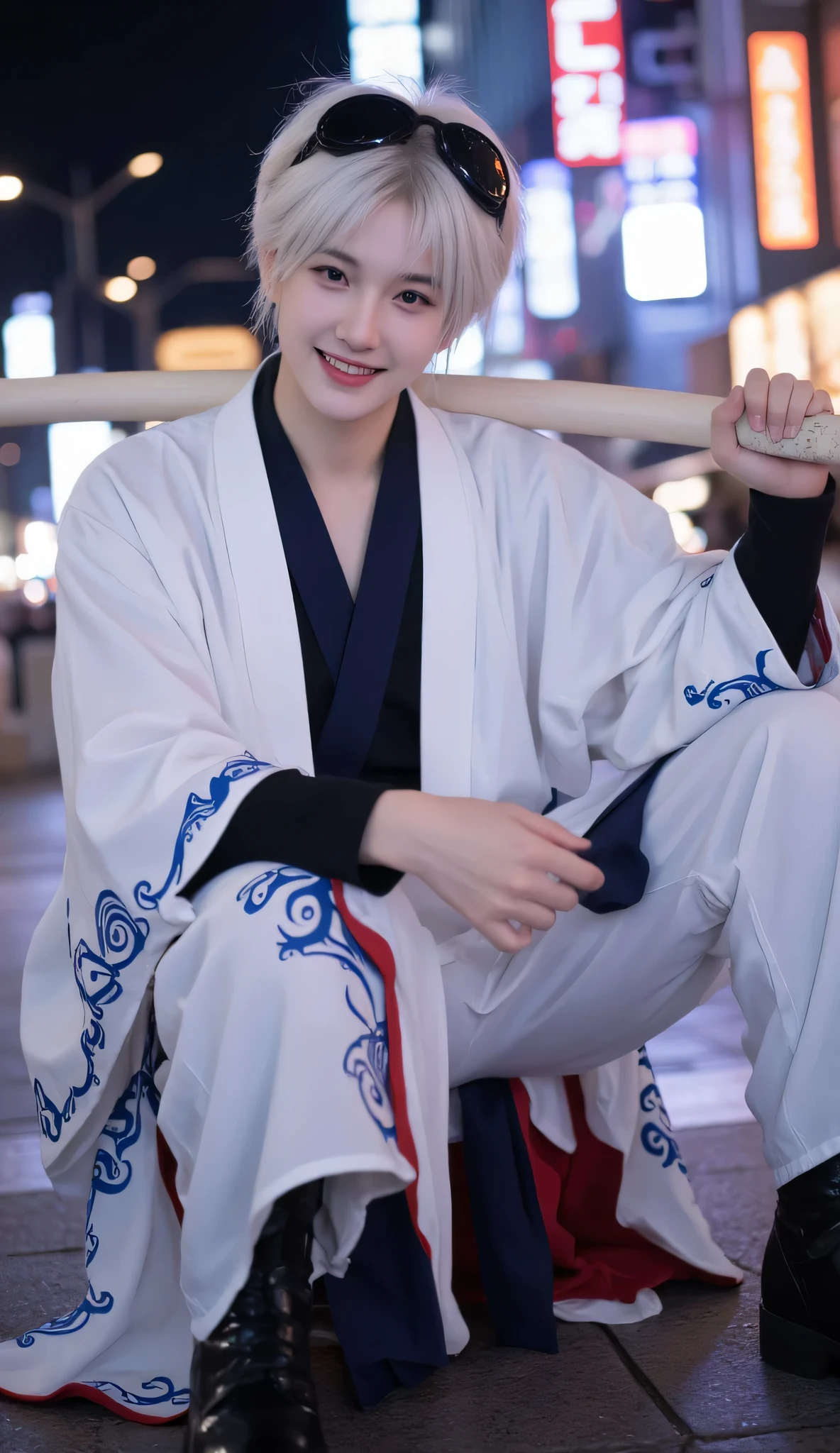 A young man with messy, short white hair, bright and playful eyes, and a cheerful expression. He wears a unique outfit inspired by traditional Japanese samurai robes, consisting of a white kimono-style top with blue swirling patterns on the sleeves and hem, layered over a black inner shirt with red trimmings. A dark blue sash is tied around his waist. He also wears black boots and has a pair of black goggles resting on his head.
He carries a wooden bokken (wooden sword) casually over his shoulder. His pose is dynamic and relaxed, giving off an energetic and carefree personality.
The background features a blurred cityscape at night, with neon lights glowing, creating a lively yet atmospheric setting. The shot is taken in a cosplay photography style, mimicking a real-life convention photoshoot. The camera angle is slightly tilted and dynamic, making the image feel candid and immersive. The lighting is soft yet vibrant, highlighting the textures and folds of his outfit. Ultra-detailed, hyper-realistic lighting and shading. 8K resolution for maximum clarity and depth.