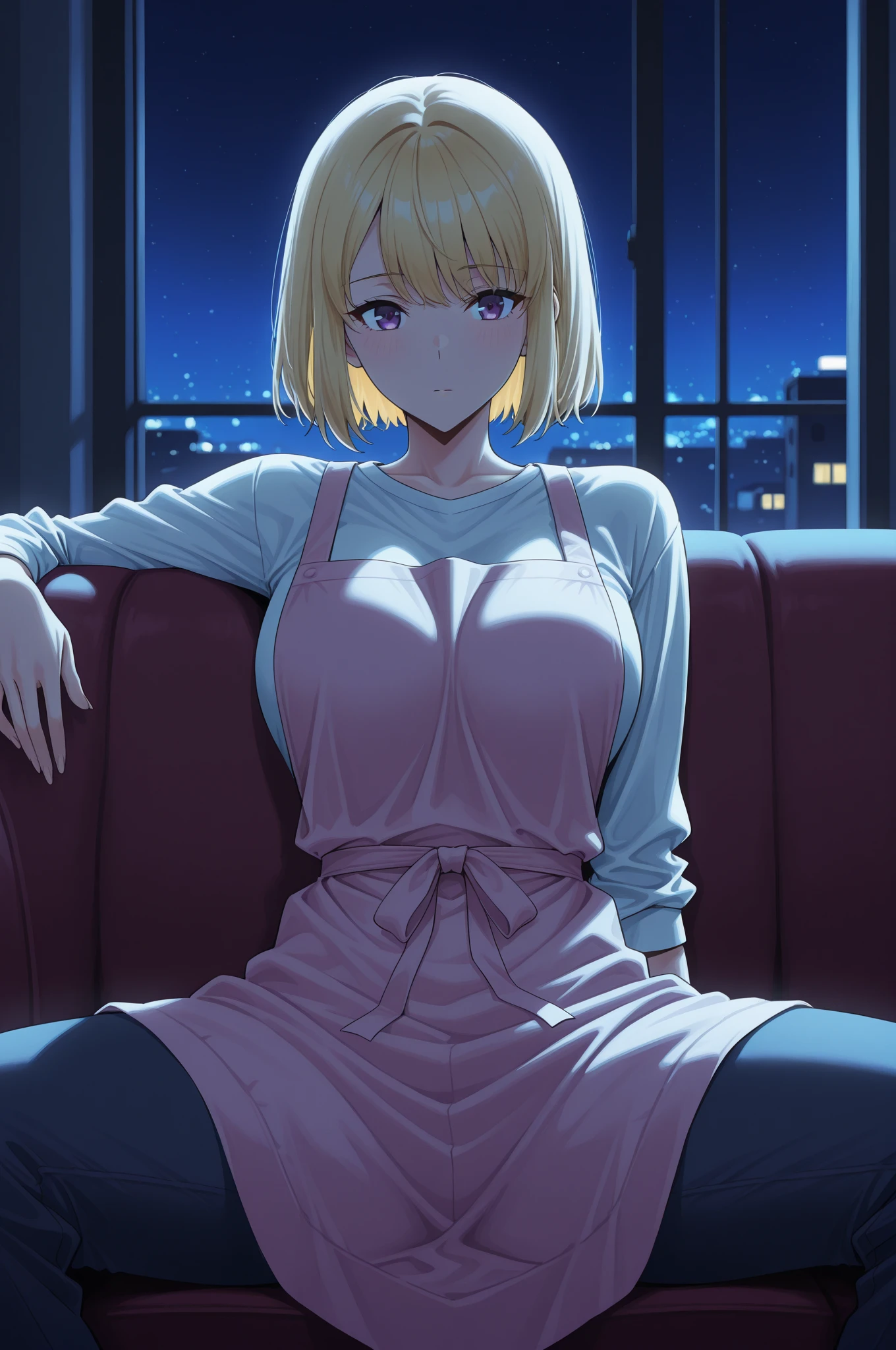 ((best quality)),  (detailed), perfect face blonde girl with a slim body type with big breast in a seductive tone with cleavage and dolphin short. And she is bent with her arms behind her back with no bra some emphasis on the thighs with blue eyes in night cloths e cup breast