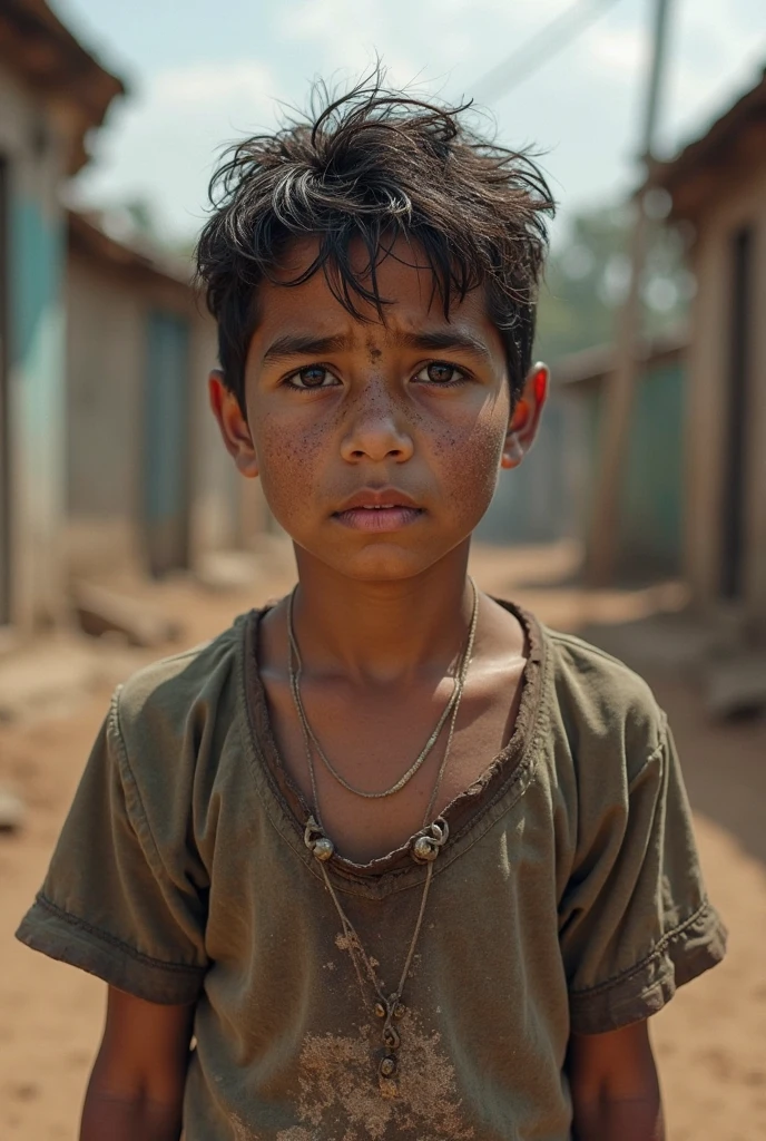 Raghav A young boy old her clothes are Indian villagers and her colour light brown with a poor village and boy facing many problems in her life Each image should reflect the essence of that particular part of the story, capturing the emotions, setting, and transformation that Raghav and his village undergo.