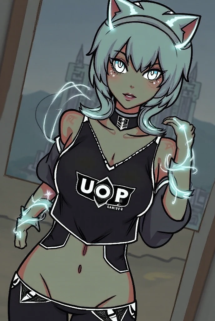 (masterpiece), danny phantom, best quality, green eyes, perfect face, highres, 1girl, solo, (female:1.5), cute, white hair, long hair, white fingerless gloves, black t shirt, leather jacket, jeans, indoors, , dancing around chains whip, holding chains whip, cowboy shot, looking at the viewer, fullbody shot, long boots, ninja style, attack pose