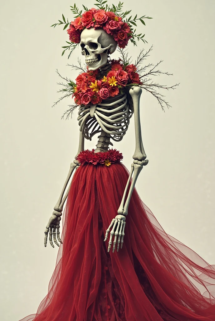 Skeleton stands together in flowers and Rococo-style costumes, intricate skeletal decorations, made of dried flowers, saint skeleton queen, hone onna skeleton geisha, Made of a complex skeleton, Victoria Day of the Dead, hauntingly beautiful art, (( Jour des morts ) ), Katrina,   （The skeleton blends perfectly with the Rococo garment：1.37），The background is big red gold