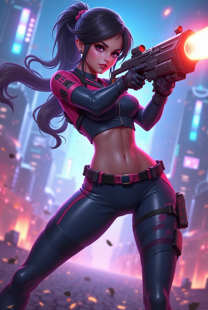 Imagem ultra realista de alta qualidade de uma mulher.  The woman is a mix of Native American and Jewish.  Recursos fortes, Pele clara.  Cabelo cacheado castanho escuro, olhos escuros.  The woman is dressed in semi-futuristic combat gear.  Ela tem armas e facas amarradas ao corpo.  A linda mulher tem um sorriso malicioso.  Your eyes shine with hate.
