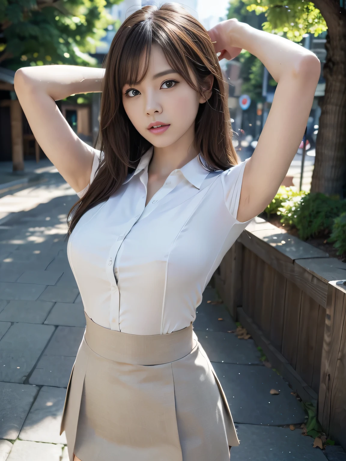the most beautiful actress in the world, she is 18 years old, the perfect body proportions of this girl, just the upper of her body is covered, just the lower of her body is uncovered, the blazer is firmly worn on the formal shirt which is covering her large breasts, it's too difficult for the short skirt to cover the panties because it's too short, her bare thighs, the lower than her knees are out of this picture, at city street, standing, best quality, highly detailed, masterpiece, ultra high res, photo realistic, 8k