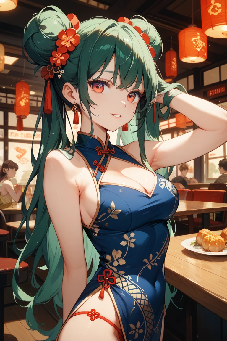 NSFW,masterpiece,Highest quality,High resolution,Super detailed,Sinon\(Sword Art Online\),(China dress),Bare shoulders,Cleavage, hair ornaments, Hair Clip,Embarrassed,expectant face,smile,blush,Chinese restaurant,Reception,Sexy pose,(male),Sit on your lap