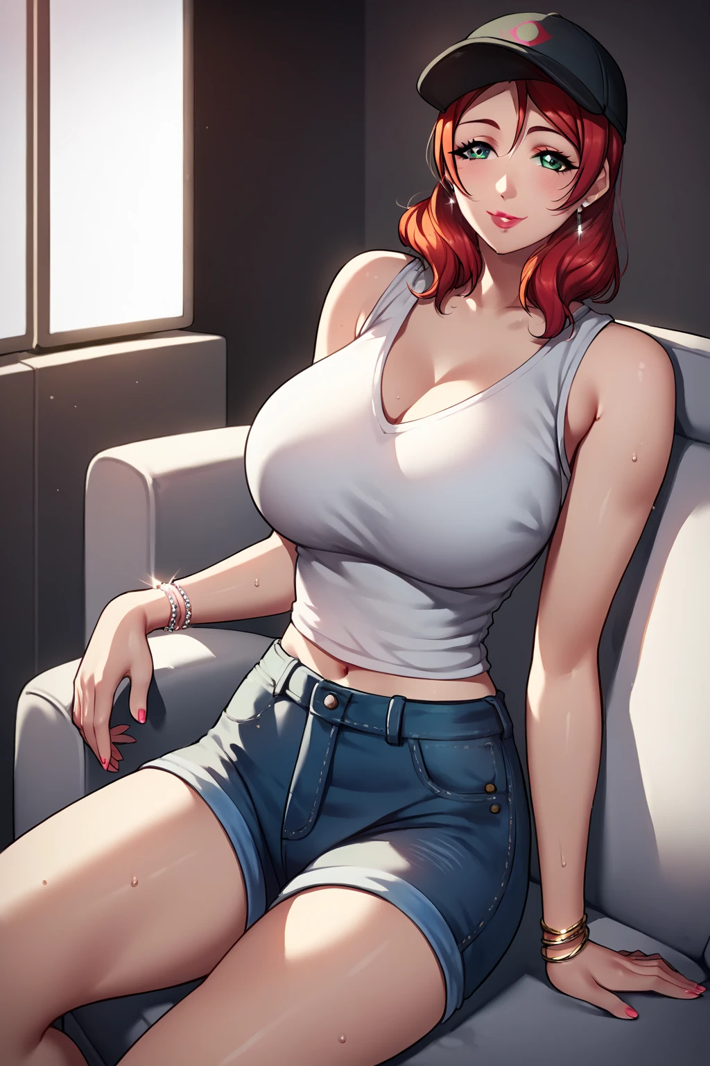 Nordic girl, white skin, medium-short height, medium orange hair, with unruly bangs.  Lively and expressive blue eyes. She was wearing torn shorts, a shirt with a striking gold zipper.  high heels most beautiful woman in the world, busty. Big hip