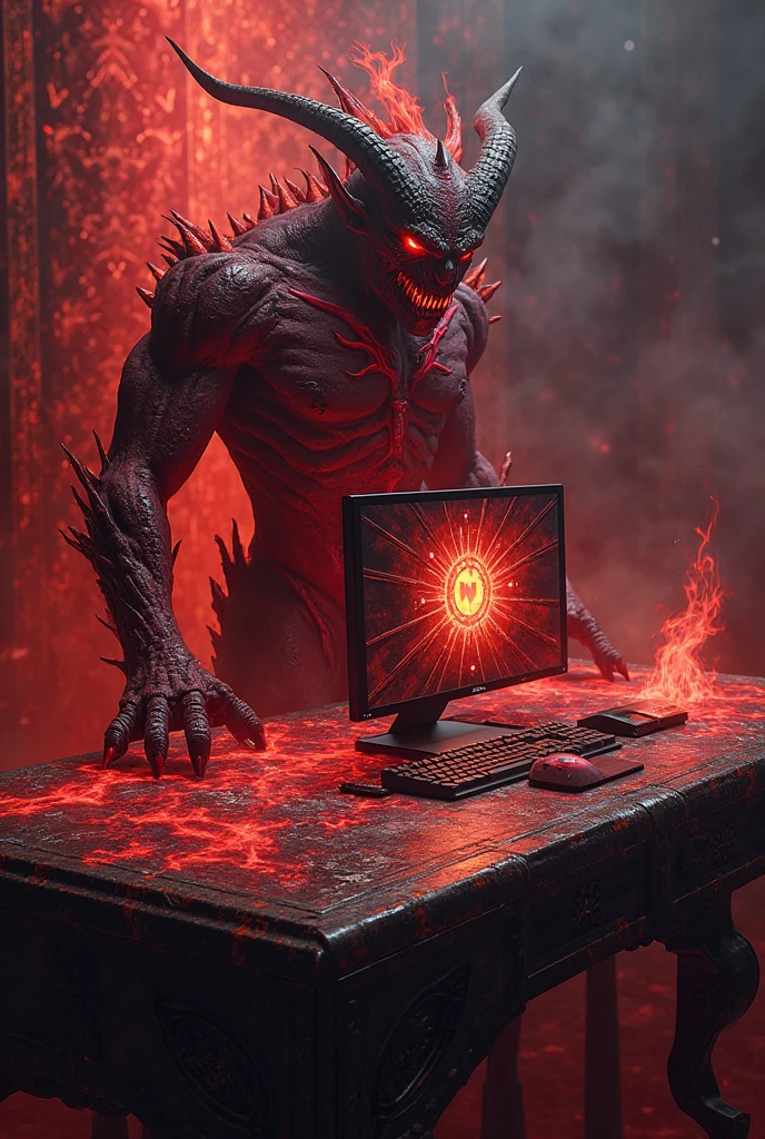 anime man with a dark and brooding demeanor, with glowing red eyes and a malicious grin,  into a powerful computer  with visible electric currents flowing through his body, while ominous shadows surround him, (sinister:1.2), (dark and moody lighting), (ominous atmosphere), (contrast between light and darkness), horror