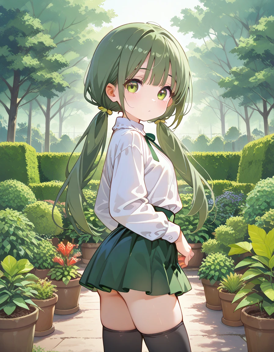 masterpiece, highest quality, Super detailed, 1 girl,  Mion Sonozaki, green hair, green eyes, ponytail, surprise、blush、white shirt, red tie, yellow vest, red mini skirt,cute panties、thighs、full body shot、((woman&#39;s butt facing the screen、Backward perspective))
